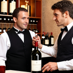 **

Elegant photograph of a sommelier presenting a wine bottle in a high-end restaurant, showcasing their wine knowledge and customer service skills.  The image should convey expertise and passion for wine. The Sommelier is charismatic and helpful.

**