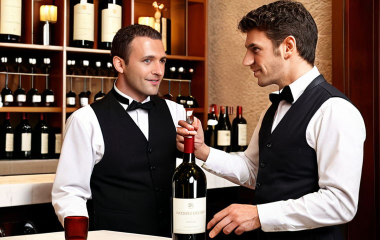**
Elegant photograph of a sommelier presenting a wine bottle in a high-end restaurant, showcasing their wine knowledge and customer service skills. The image should convey expertise and passion for wine. The Sommelier is charismatic and helpful.
**