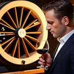 A professional sommelier with an intense, focused expression, holding a wine glass against the light, deeply engrossed in the visual and olfactory analysis of wine. The scene should highlight their profound knowledge and passion. Include elements like a vintage wine bottle, a detailed aroma wheel, tasting notes, and a subtle background suggesting a classic wine cellar or vineyard. Emphasize the art and science of wine evaluation, with sophisticated lighting and a rich, warm color palette.