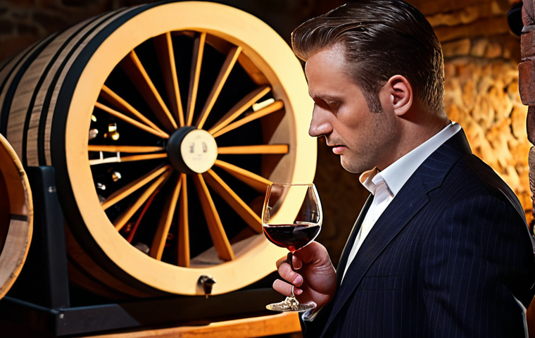 A professional sommelier with an intense, focused expression, holding a wine glass against the light, deeply engrossed in the visual and olfactory analysis of wine. The scene should highlight their profound knowledge and passion. Include elements like a vintage wine bottle, a detailed aroma wheel, tasting notes, and a subtle background suggesting a classic wine cellar or vineyard. Emphasize the art and science of wine evaluation, with sophisticated lighting and a rich, warm color palette.