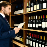 A professional male sommelier, fully clothed in a modest, dark business suit, actively mentoring a younger female sommelier in a dimly lit, elegant wine cellar. They are standing amongst rows of neatly organized wine bottles. The senior sommelier is pointing at a bottle while explaining something to the junior, who is attentively listening with a notepad in hand. The scene conveys a sense of shared knowledge and professional development. Perfect anatomy, correct proportions, natural pose, well-formed hands, proper finger count, natural body proportions. Safe for work, appropriate content, fully clothed, professional photography, high quality.