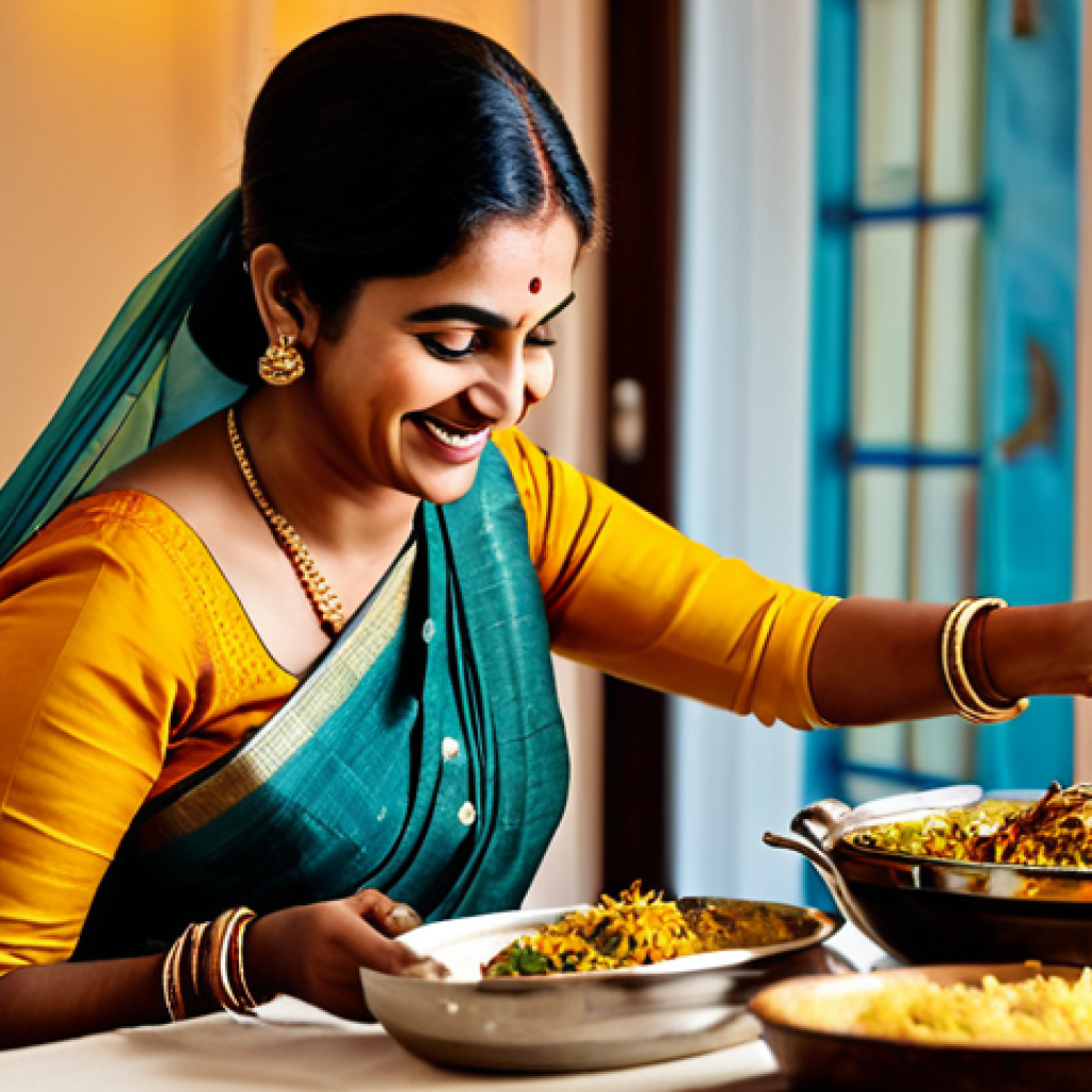 **Prompt:** A festive Indian dinner scene with biryani on the table, a woman in a sari smiling as she pours Riesling into a glass, warm lighting, elegant tableware, fully clothed, appropriate content, safe for work, professional photography, perfect anatomy, natural proportions, family-friendly.
