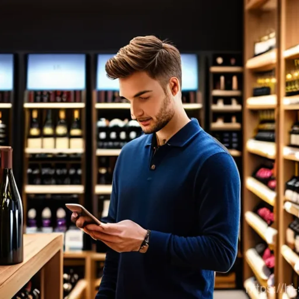 소믈리에가 추천하는 와인 앱 - **Prompt:** A young adult, dressed in modern smart casual clothes, stands in a brightly lit, chic wi...