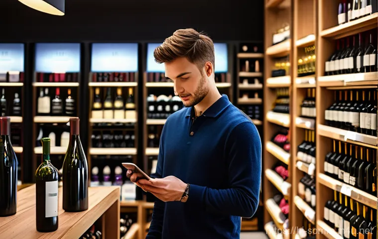 소믈리에가 추천하는 와인 앱 - **Prompt:** A young adult, dressed in modern smart casual clothes, stands in a brightly lit, chic wi...