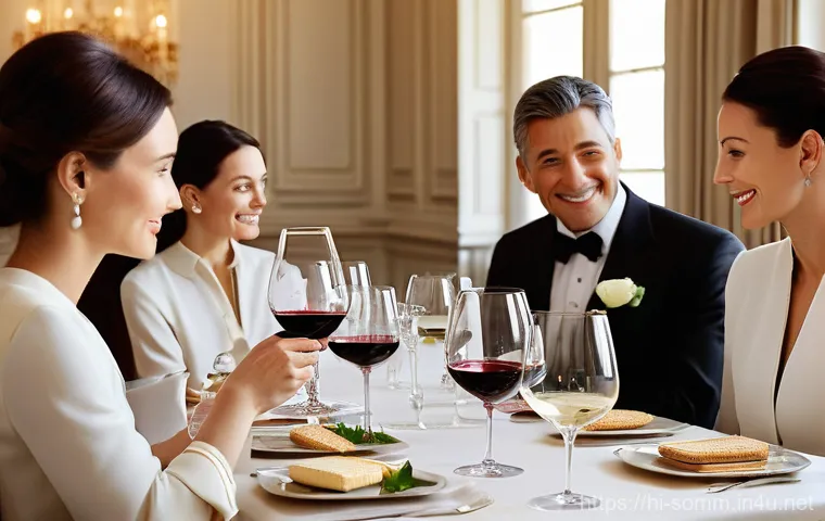 와인 테이스팅 노트 작성 예제 - **Sophisticated Wine Tasting Gathering**
    "A group of diverse adults, elegantly dressed in modest...