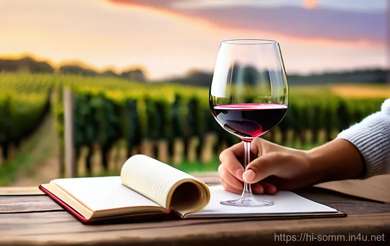 와인 테이스팅 노트 작성 예제 - **Sensory Exploration of Wine**
    "A close-up, artistic shot of a person's hands holding a crystal...