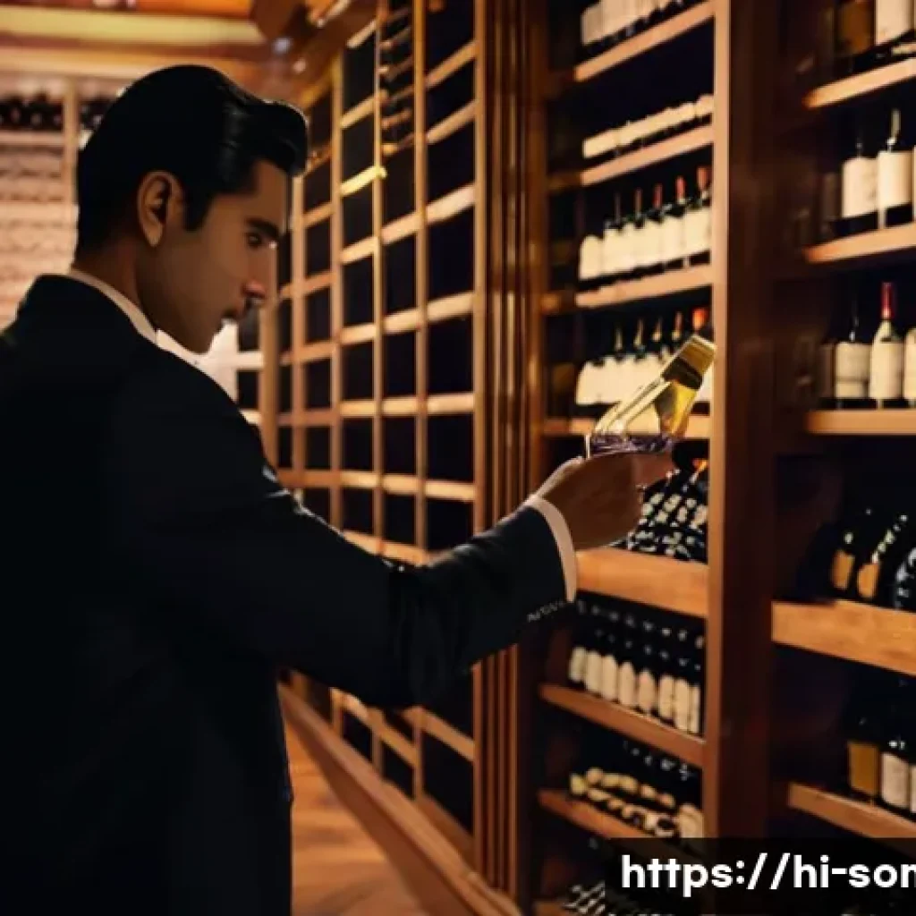 소믈리에가 알아야 할 와인 빈티지 - A sophisticated sommelier in a warmly lit, elegant wine cellar, carefully examining a vintage wine b...