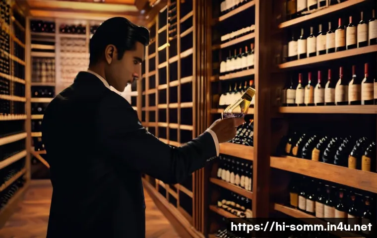 소믈리에가 알아야 할 와인 빈티지 - A sophisticated sommelier in a warmly lit, elegant wine cellar, carefully examining a vintage wine b...