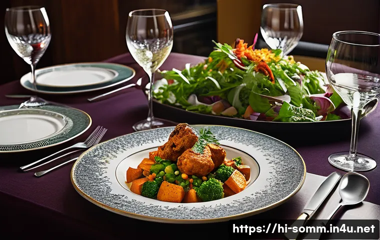 와인 매칭의 기본 원리 - A sophisticated dining table set for an elegant wine and food pairing experience, featuring a variet...