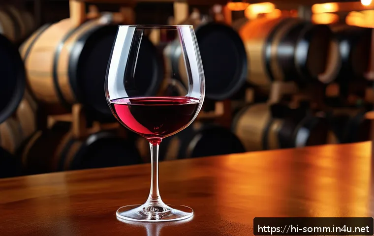 소믈리에의 와인 추천 노하우 - A sophisticated wine tasting scene focusing on a glass of deep ruby red Cabernet Sauvignon wine bein...