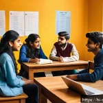 Home 18 소믈리에 시험을 위한 스터디 모임 - A diverse group of five Indian students studying together in a cozy indoor setting, sitting around a...