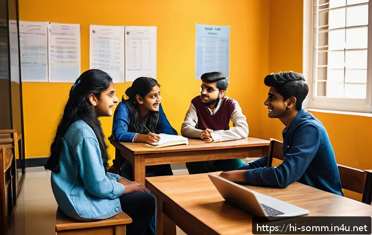 소믈리에 시험을 위한 스터디 모임 - A diverse group of five Indian students studying together in a cozy indoor setting, sitting around a...