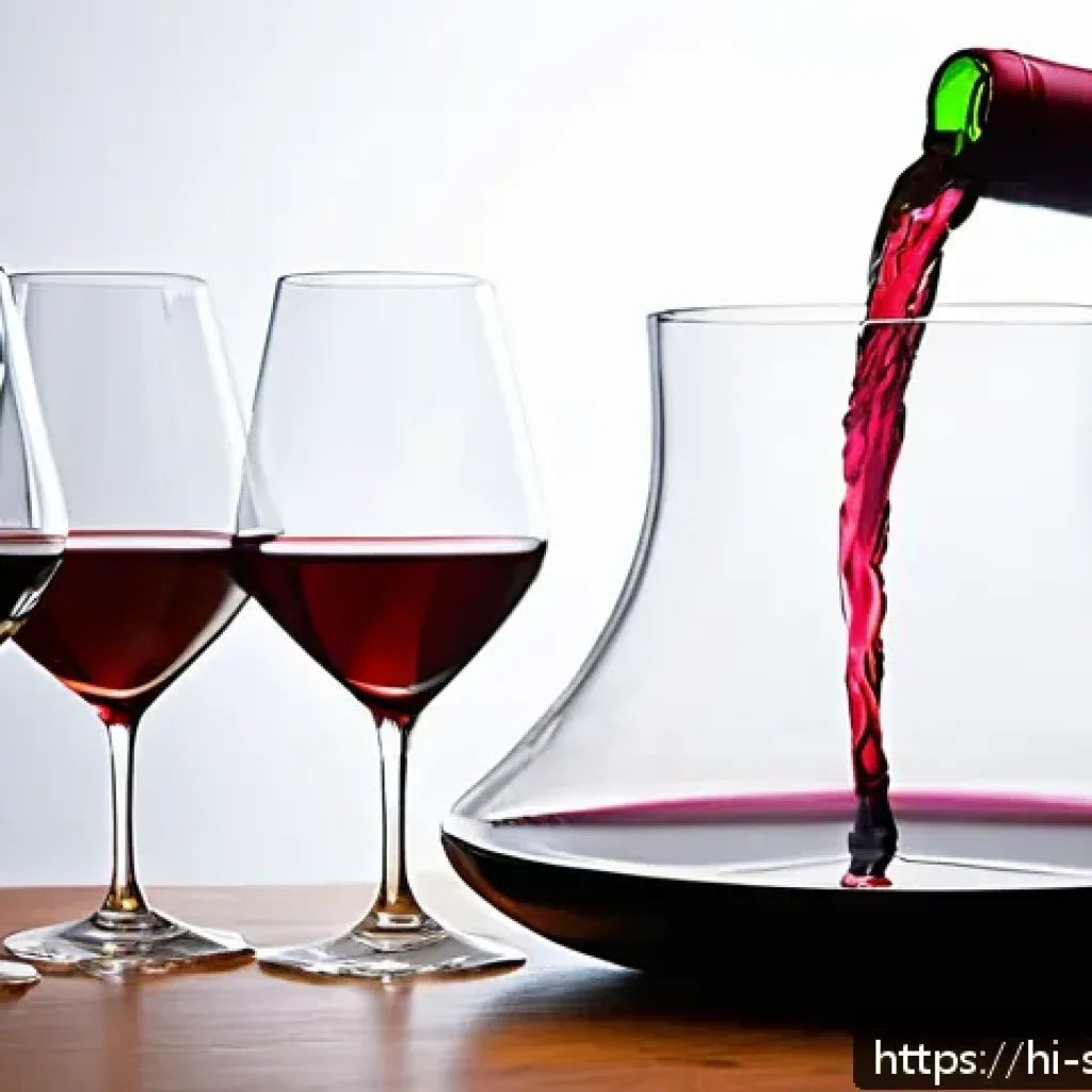 와인 디캔팅 실무 노하우 - A sophisticated wine tasting scene featuring a crystal decanter with wide mouth filled with rich red...