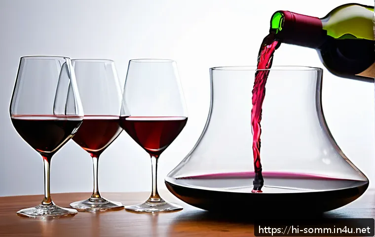 와인 디캔팅 실무 노하우 - A sophisticated wine tasting scene featuring a crystal decanter with wide mouth filled with rich red...