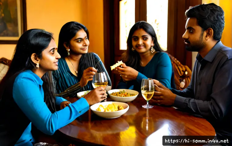 와인 테이스팅 그룹 활동 사례 - Photorealistic wine tasting group activity in an elegant Indian home dining room, four adult friends...