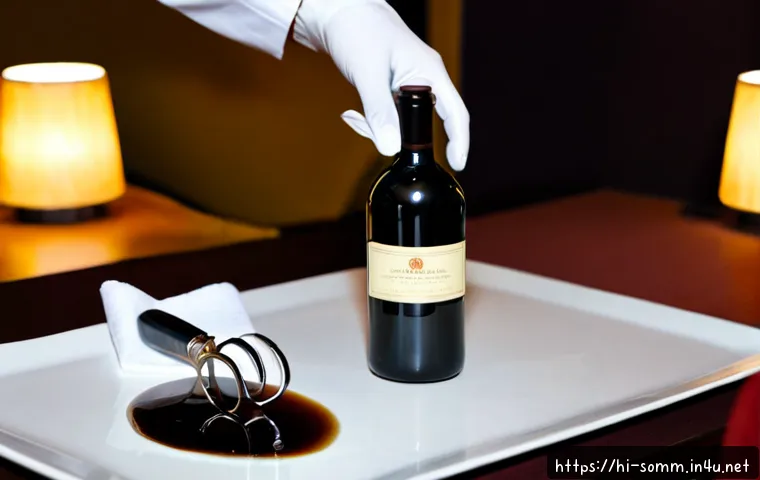 와인 서브 서비스 단계별 가이드 - Photorealistic elegant restaurant table scene showing the first steps of formal wine service: a prof...